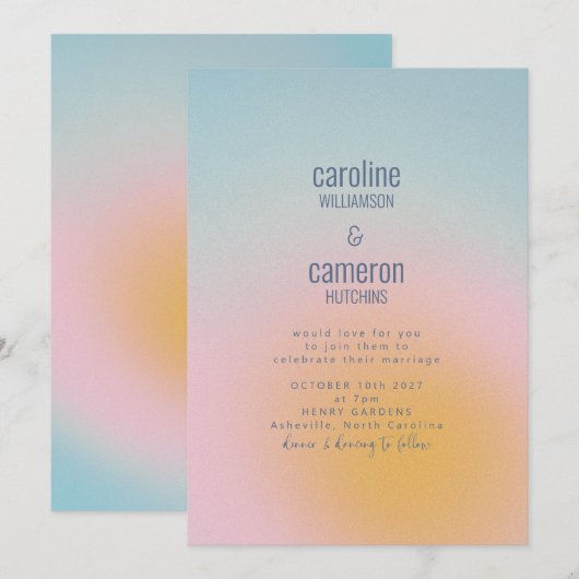 Celestial Pastel Blue Pink Grainy Gradient Wedding Einladung (Vorne/Hinten)