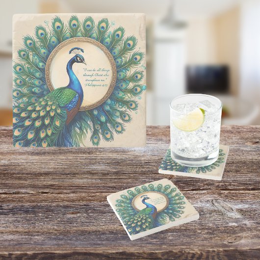 Celestial Peacock Bloom Bible Verse Steinuntersetzer