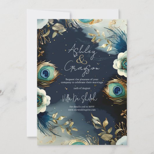 Celestial Peacock Feathers Elegante Hochzeit Einladung (Vorderseite)