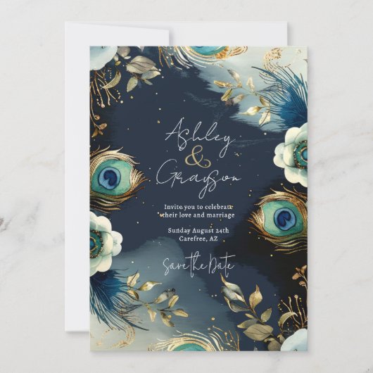 Celestial Peacock Feathers Elegante Hochzeit Save The Date (Vorderseite)