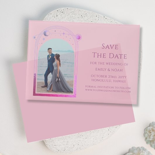 Celestial Pink Lila Foto Hochzeit speichern das Da Pergament Einladungen