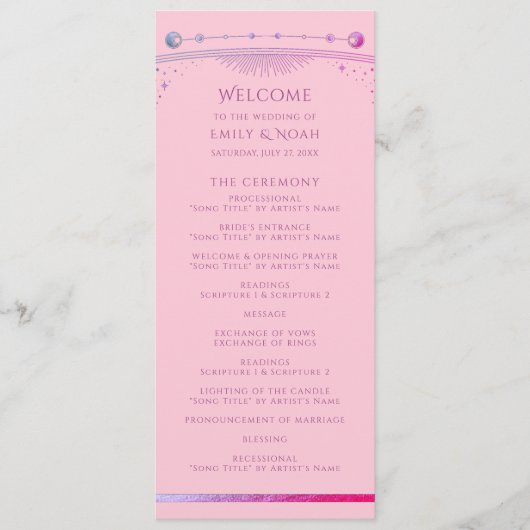 Celestial Pink Lila Sun Moon Stars Hochzeit Programm (Vorderseite)
