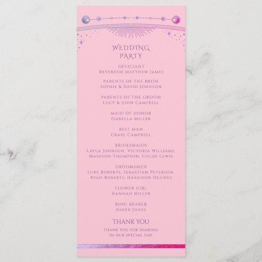 Celestial Pink Lila Sun Moon Stars Hochzeit Programm (Rückseite)