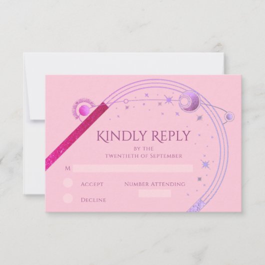 Celestial Pink Lila Sun Moon Stars Hochzeit RSVP Karte (Vorderseite)