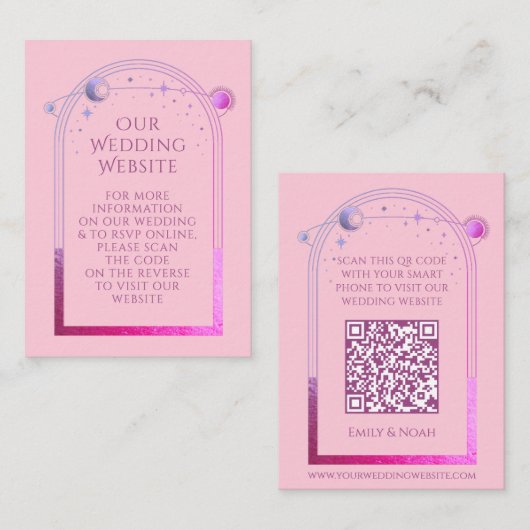 Celestial Pink Lila Wedding Website UAWG QR Code Begleitkarte (Vorne/Hinten)