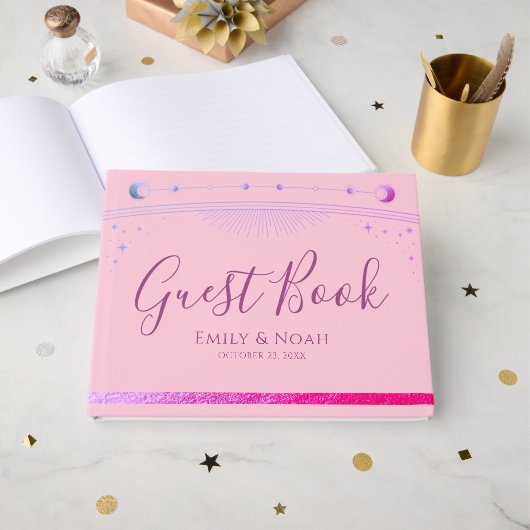 Celestial Pink Purple Sun Moon Stars Wedding  Gästebuch (Vorderseite Offen)
