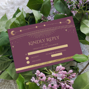 Celestial Plum Gold Sun Moon Stars Hochzeit RSVP Karte