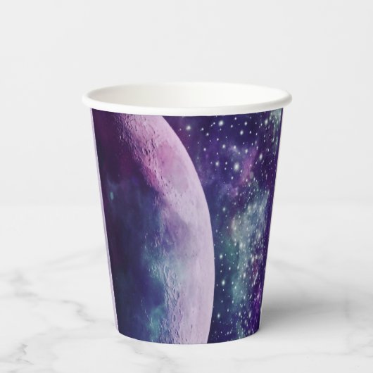 Celestial Purple Galaxy Moon Wedding Pappbecher (Rückseite)