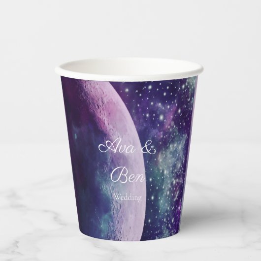 Celestial Purple Galaxy Moon Wedding Pappbecher (Vorderseite)
