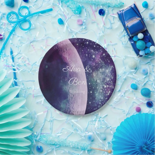 Celestial Purple Galaxy Moon Wedding Pappteller (Party)