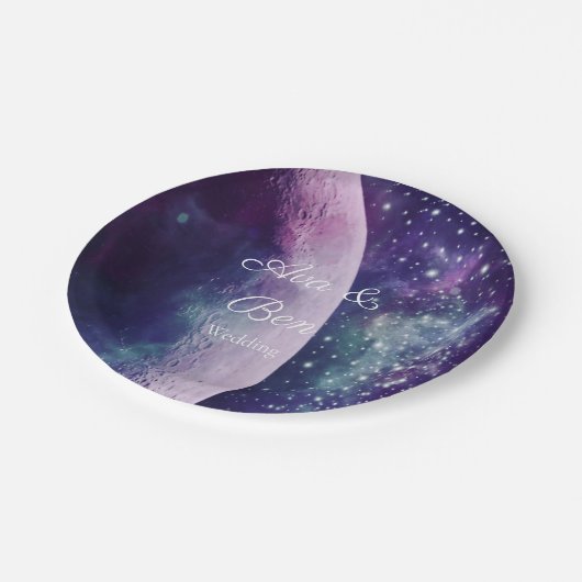 Celestial Purple Galaxy Moon Wedding Pappteller (Schrägansicht)