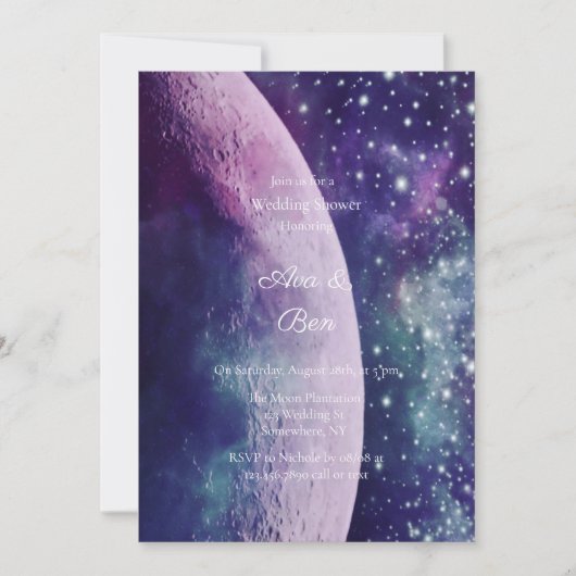 Celestial Purple Galaxy Moon Wedding Shower Einladung (Vorderseite)