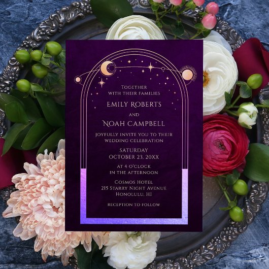 Celestial Rainbow Deep Plum Sun Star Moon Wedding Einladung