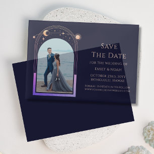 Celestial Rainbow Navy Blue Foto Wedding Pergament Einladungen