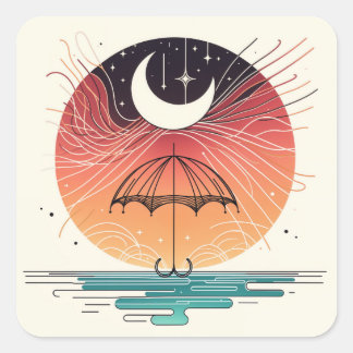 Celestial Rainfall in Boho Line Art Quadratischer Aufkleber