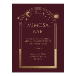Celestial Red Gold Mimosa Bar Sun Moon Stars Poster