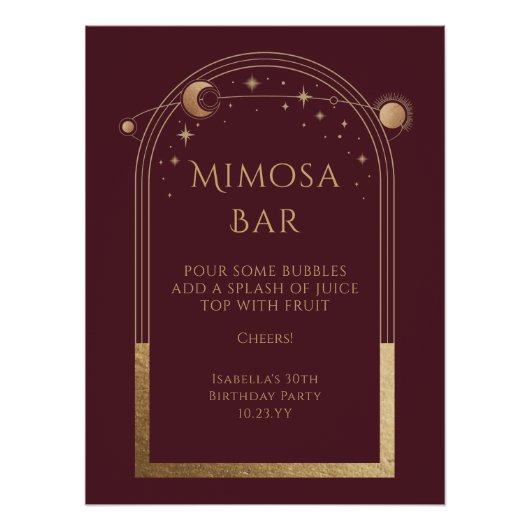 Celestial Red Gold Mimosa Bar Sun Moon Stars Poster (Vorderseite)
