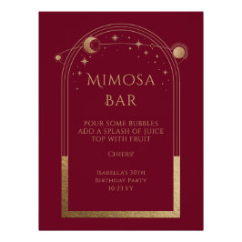 Celestial Red Gold Mimosa Bar Sun Moon Stars Poster