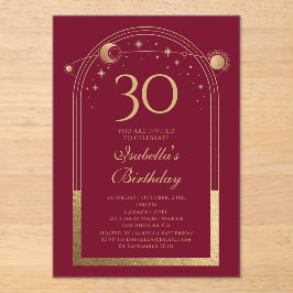 Celestial Red Gold Sun Moon Stars 30. Geburtstag Acryleinladungen