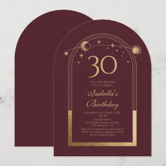 Celestial Red Gold Sun Moon Stars 30. Geburtstag Einladung
