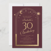 Celestial Red Gold Sun Moon Stars 30. Geburtstag Einladung (Vorderseite)