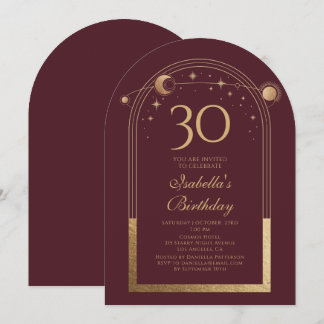 Celestial Red Gold Sun Moon Stars 30. Geburtstag Einladung