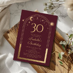 Celestial Red Gold Sun Moon Stars 30. Geburtstag Einladung<br><div class="desc">Celestial Red Gold Sun Moon Astronomie 30. Geburtstag Einladungen bietet eine elegante goldene Sonne, Mond und Sterne mit einem goldenen Rahmen auf einem tiefen rosa-roten Hintergrund. Im Inneren ist Ihre individuelle Einladung zum dreißigsten Geburtstag Informationen. Personalisieren Sie den Text in den Textfeldern, indem Sie ihn bearbeiten. Für Sie entworfen von...</div>