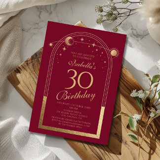 Celestial Red Gold Sun Moon Stars 30. Geburtstag Einladung