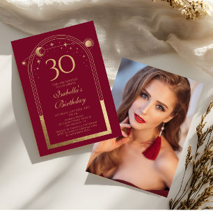 Celestial Red Gold Sun Moon Stars 30. Geburtstag Einladung