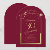 Celestial Red Gold Sun Moon Stars 30. Geburtstag Einladung (Vorne/Hinten)