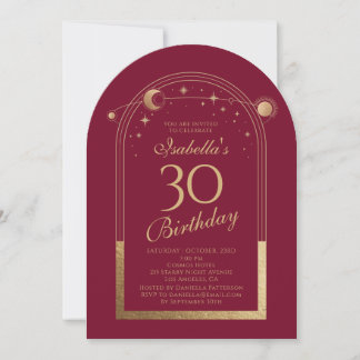 Celestial Red Gold Sun Moon Stars 30. Geburtstag Einladung