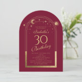 Celestial Red Gold Sun Moon Stars 30. Geburtstag Einladung (Stehend Vorderseite)