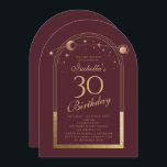 Celestial Red Gold Sun Moon Stars 30. Geburtstag Einladung<br><div class="desc">Celestial Red Gold Sun Moon Astronomie 30. Geburtstag Einladungen bietet eine elegante goldene Sonne, Mond und Sterne mit einem goldenen Rahmen auf einem tiefen rosa-roten Hintergrund. Im Inneren ist Ihre individuelle Einladung zum dreißigsten Geburtstag Informationen. Personalisieren Sie den Text in den Textfeldern, indem Sie ihn bearbeiten. Für Sie entworfen von...</div>