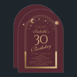 Celestial Red Gold Sun Moon Stars 30. Geburtstag Einladung<br><div class="desc">Celestial Red Gold Sun Moon Astronomie 30. Geburtstag Einladungen bietet eine elegante goldene Sonne, Mond und Sterne mit einem goldenen Rahmen auf einem tiefen rosa-roten Hintergrund. Im Inneren ist Ihre individuelle Einladung zum dreißigsten Geburtstag Informationen. Personalisieren Sie den Text in den Textfeldern, indem Sie ihn bearbeiten. Für Sie entworfen von...</div>