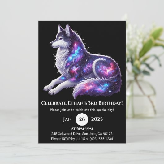 Celestial Resting Wolf Birthday Invitation Einladung (Stehend Vorderseite)