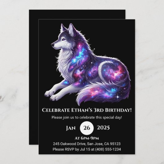 Celestial Resting Wolf Birthday Invitation Einladung (Vorne/Hinten)