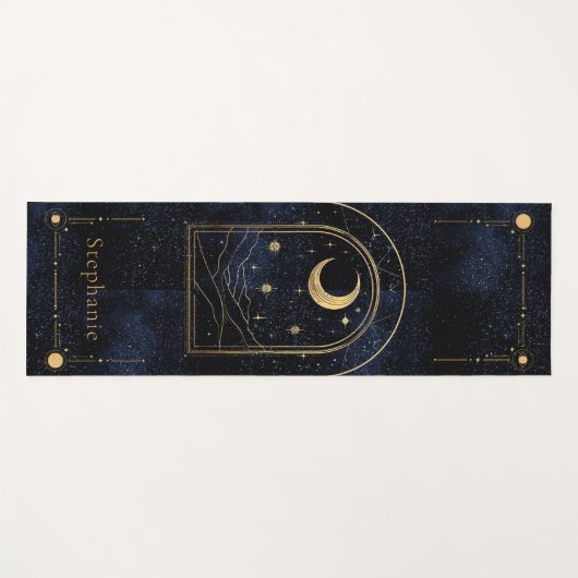 Celestial Rising Moon Monogram Gold Glitzer Navy Yogamatte (Vorderseite (Horizontal))