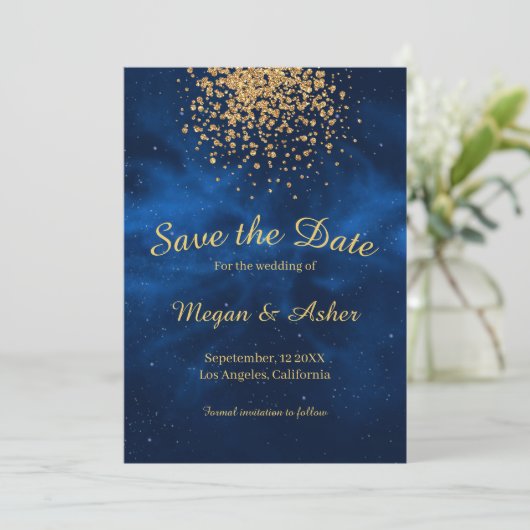 Celestial Romantic Modern Blue Universe Save The Date (Stehend Vorderseite)