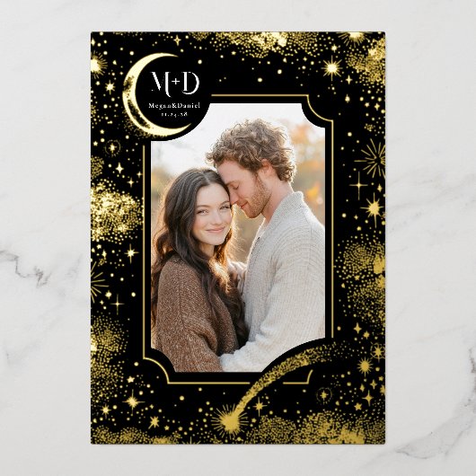 Celestial Romantic Starry Night Wedding Foto Folieneinladung (Vorderseite)