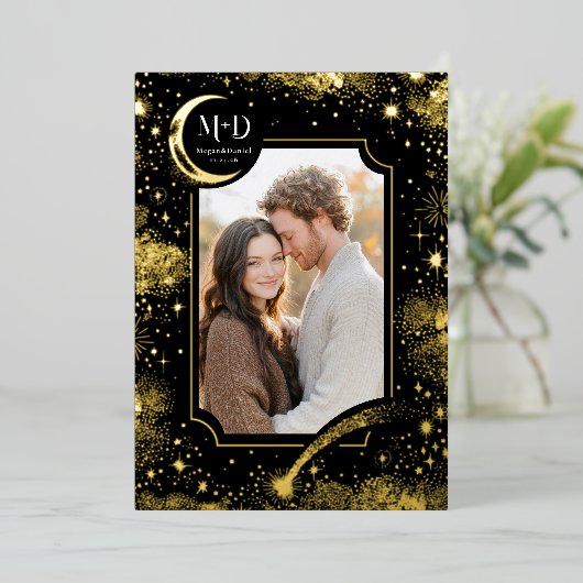 Celestial Romantic Starry Night Wedding Foto Folieneinladung (Stehend vorne)