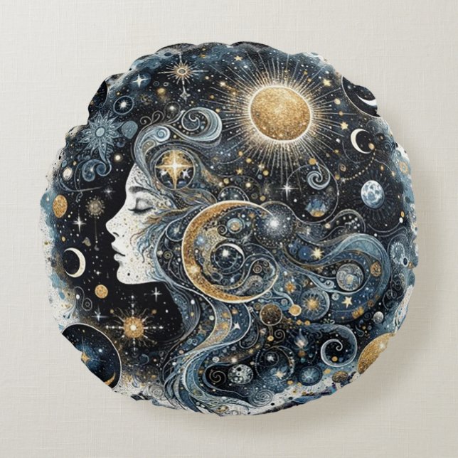 Celestial Round Throw Pillow Rundes Kissen (Vorderseite)