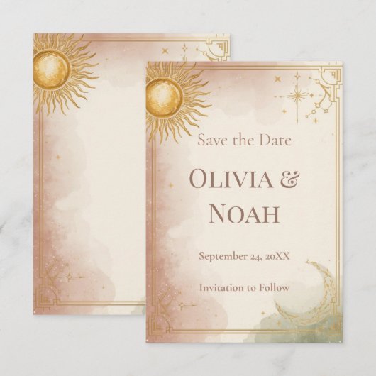Celestial Save the Date Card Pink Sage Clouds Gold (Vorne/Hinten)