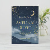 Celestial Save the Date | Navy & Gold Starry Night Einladung (Stehend Vorderseite)