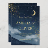 Celestial Save the Date | Navy & Gold Starry Night Einladung (Vorne/Hinten)