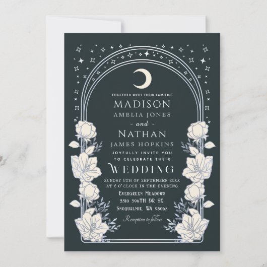 Celestial Silver Arch Art Nouveau QR Code Hochzeit Einladung (Vorderseite)