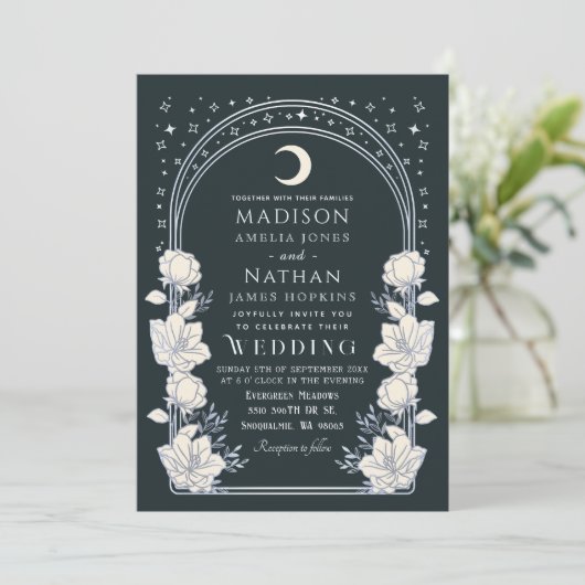 Celestial Silver Arch Art Nouveau QR Code Hochzeit Einladung (Stehend Vorderseite)