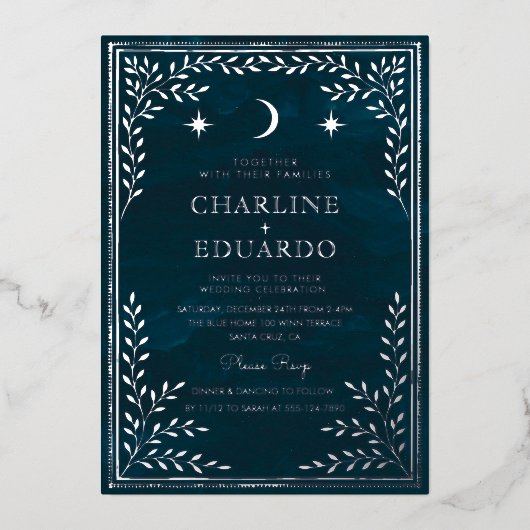 Celestial Silver Foil Gothic Wedding Einladung wi (Vorderseite)