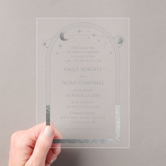 Celestial Silver Sun Moon Astronomie Hochzeit Acryleinladungen (Insitu (Handheld))