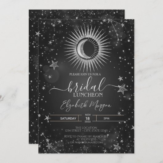 Celestial Silver Sun, Moon, Stars Bridal Luncheon Einladung (Vorne/Hinten)