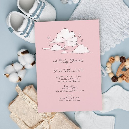 Celestial Sky Cloudy Light Pink Baby Shower Einladung